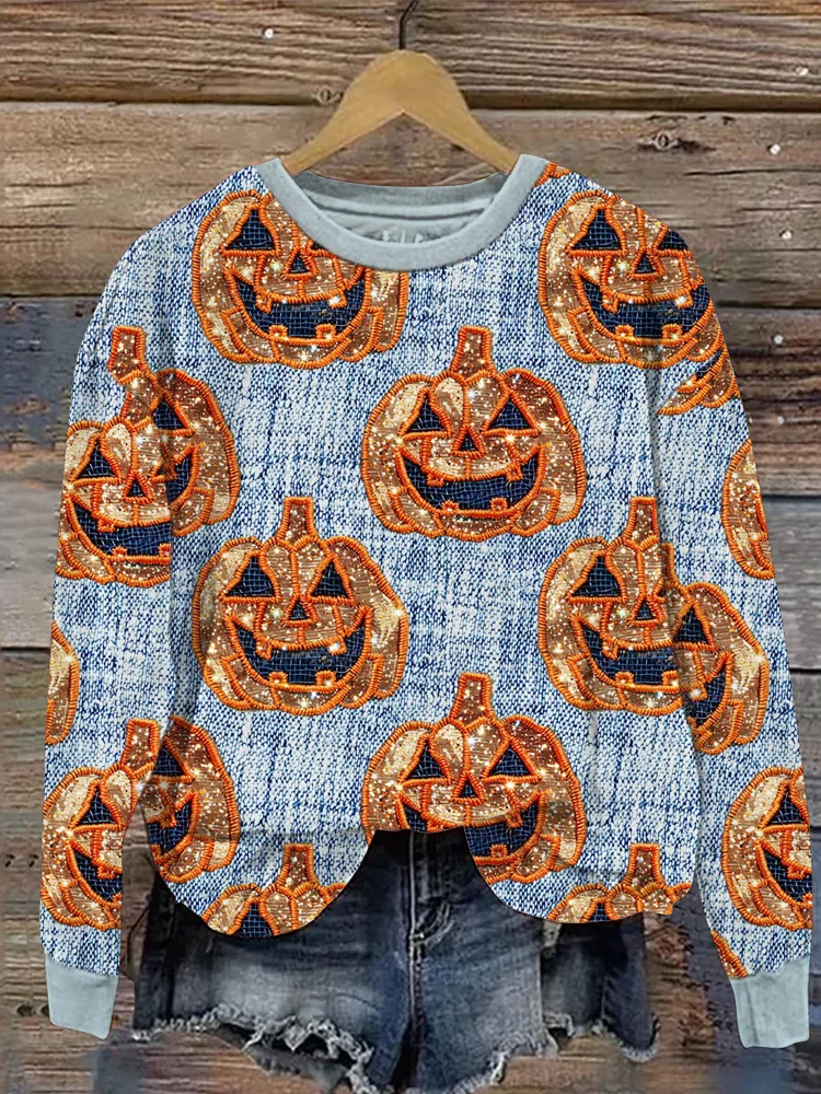 Halloween Sequined Pumpkin Casual Sweatshirt