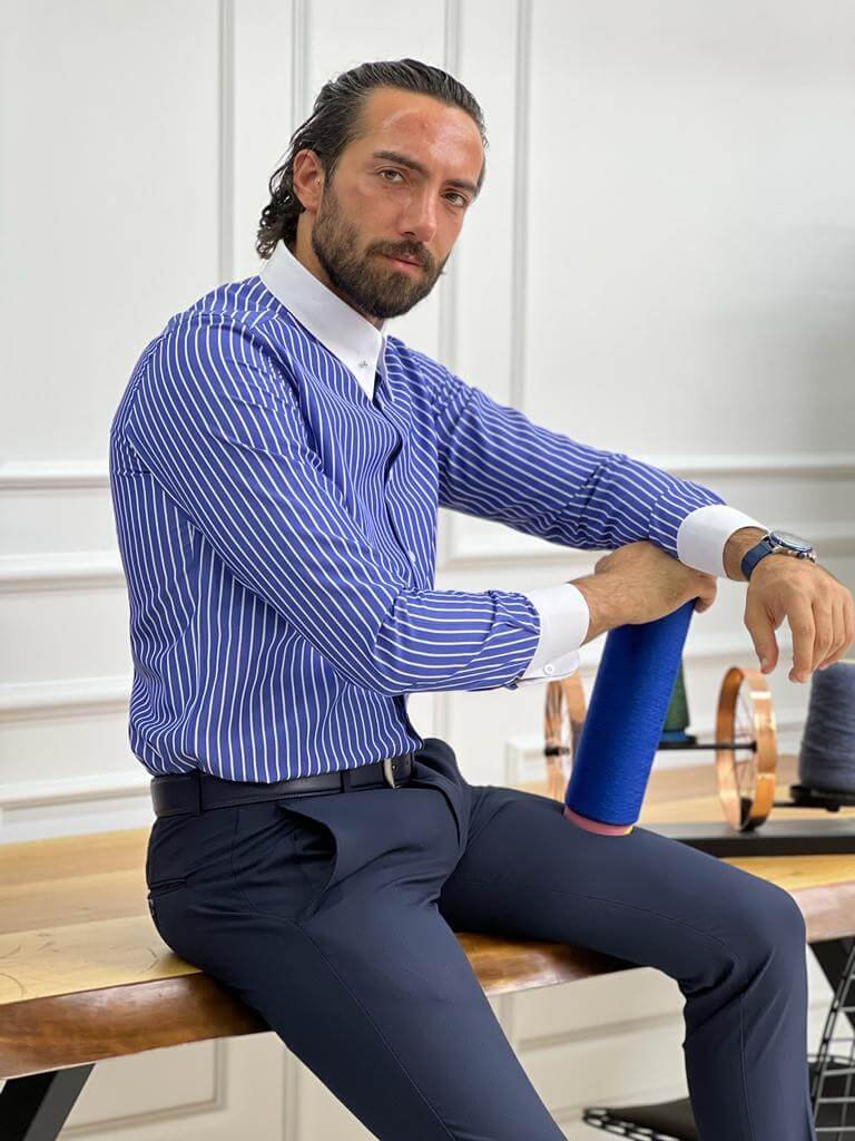 Italian Collar Blue Striped Shirt