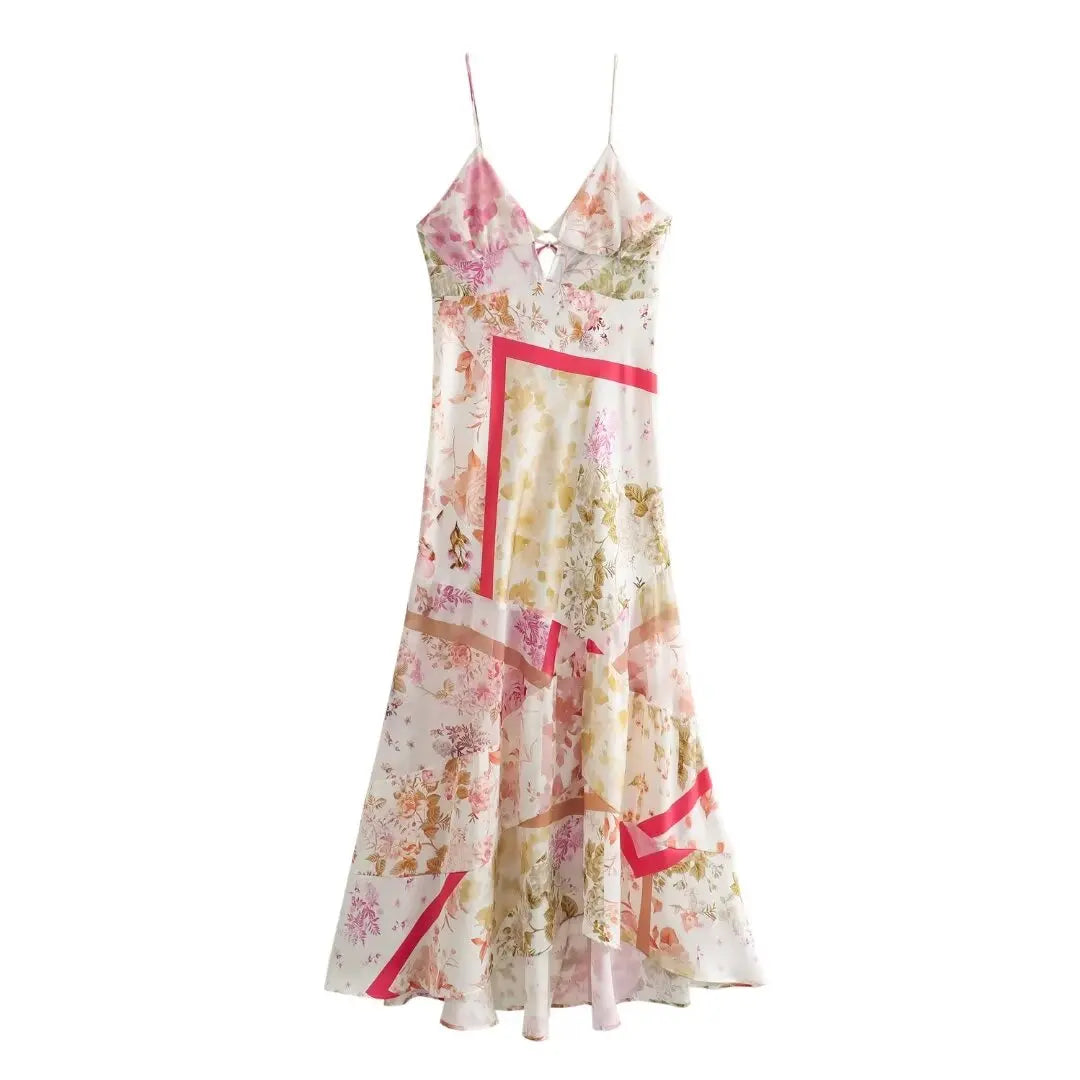 Aiertu Women's new summer vacation style silk satin texture patchwork printed sleeveless suspender dress Aiertu