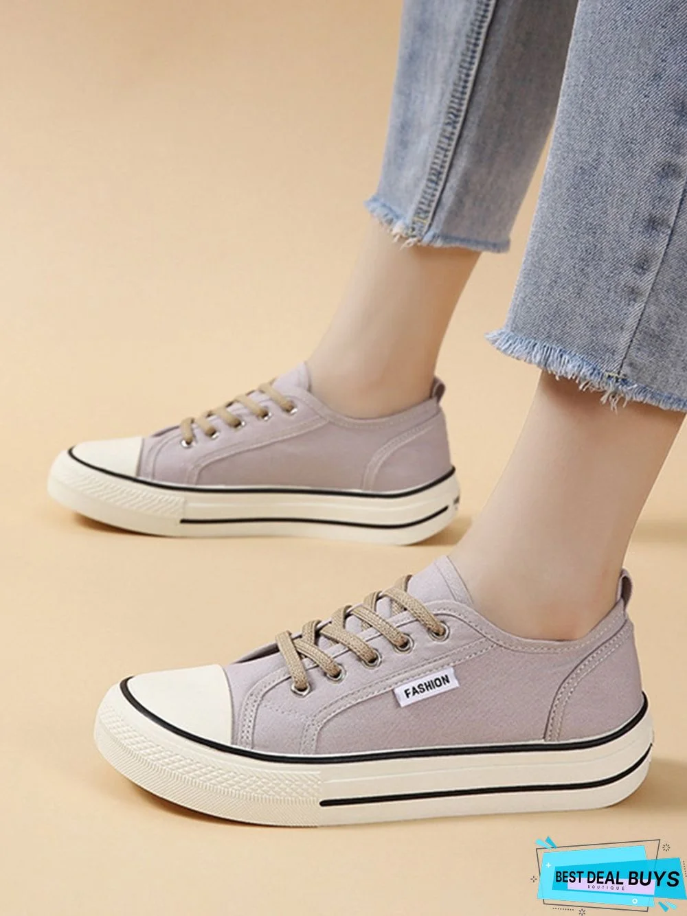 Casual Plain Color Split Joint Comfy Square Toe Lace-Up Canvas Shoes