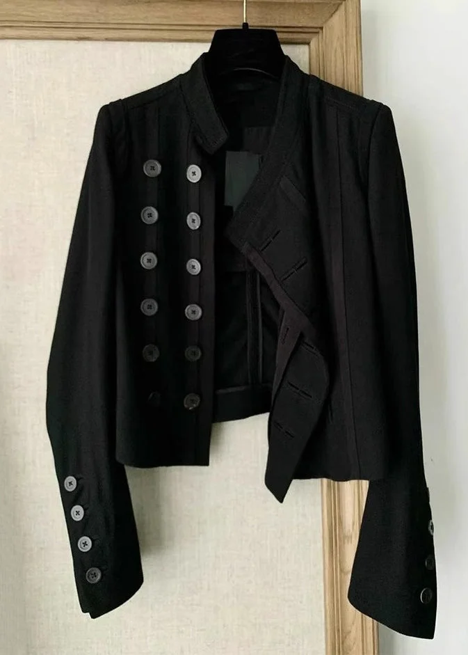 Elegant Black Button Patchwork Cotton Coat Long Sleeve