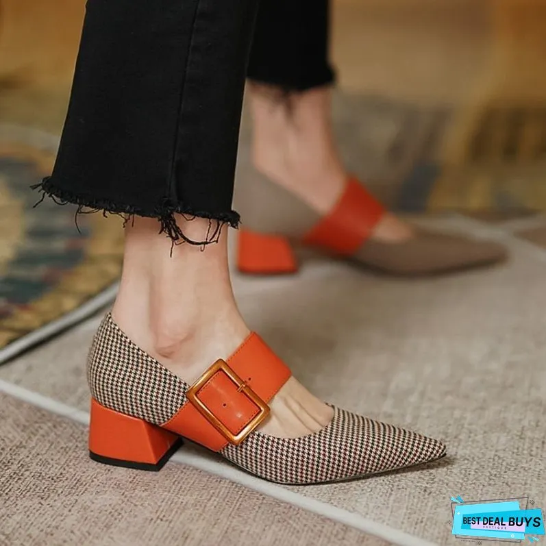 New Spring Autumn Shoes Women Pointed Toe Chunky Heel Fabric High Pumps Mixed Color Square