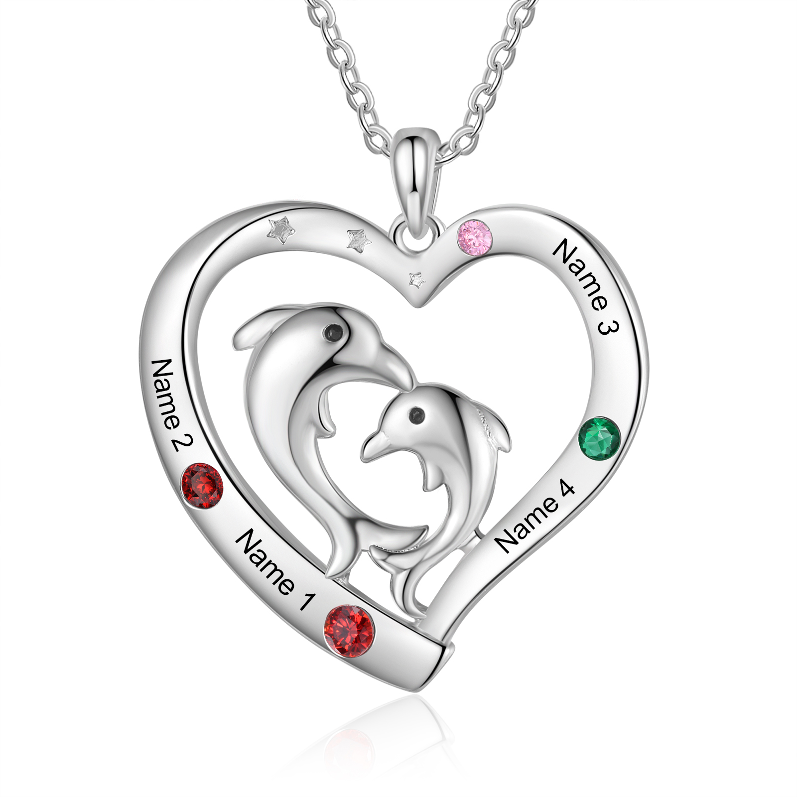 Personalised Heart Dolphin Pendant Necklace Custom 4 Birthstones Engraved 4 Names Necklace Gift for Her-Jessemade AU