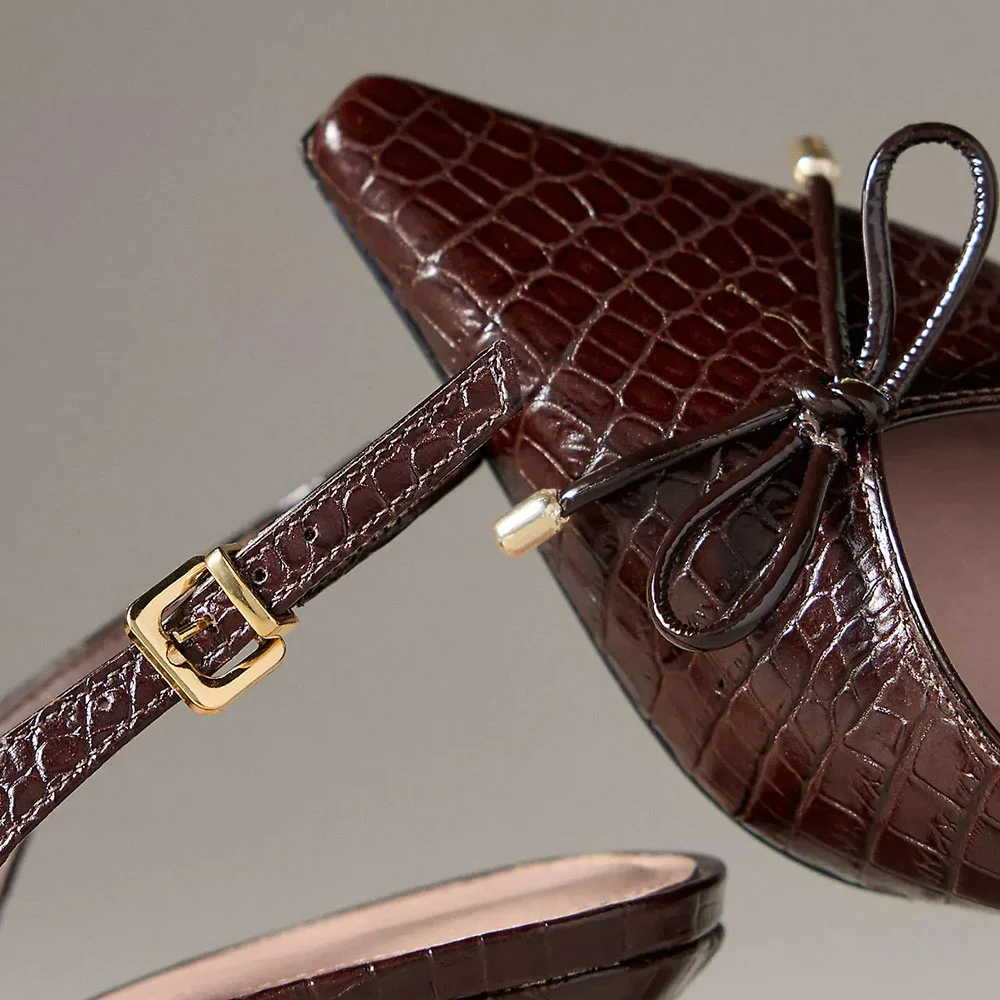 Brown Pointed Toe Croc Embossed Buckle Strap Bow  Slingback Pumps