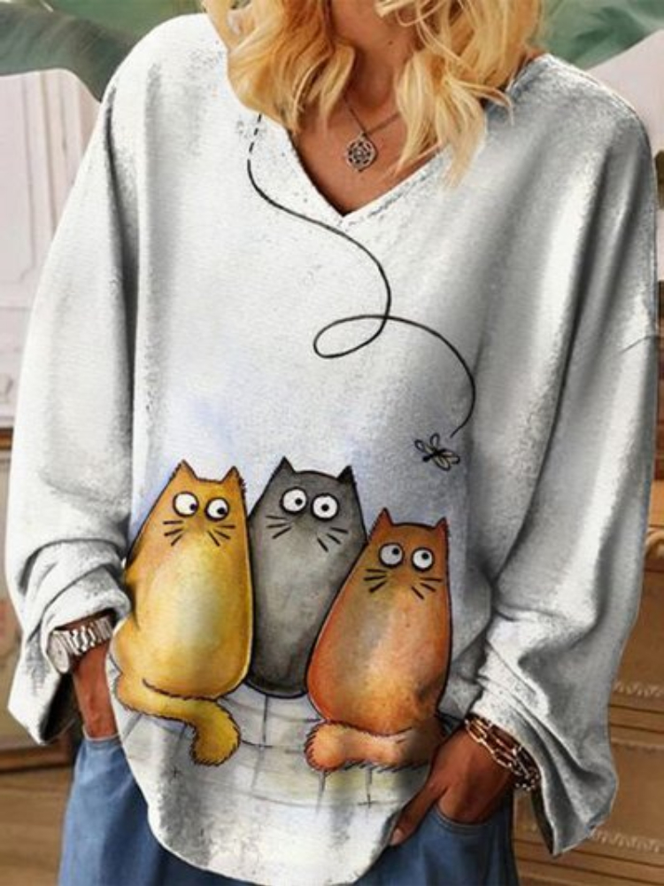 Cat Friends Printed V-Neck Casual Blouse wearshes