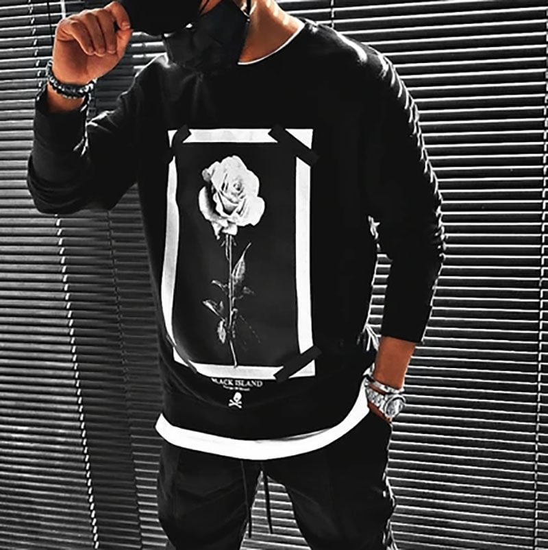 UPRANDY Vintage rose printed round collar sweatshirt -  UPRANDY