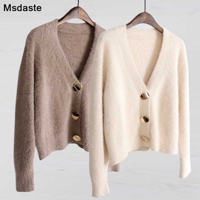 Mohair Sweater Women Cardigans 2019 Winter V-neck Soft Knitted Tops Outwear solid White Brown Casual Woman Knitwear Sweaters