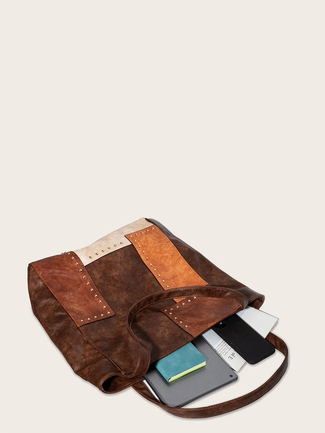 Vintage fashion rivet color matching shoulder tote bag