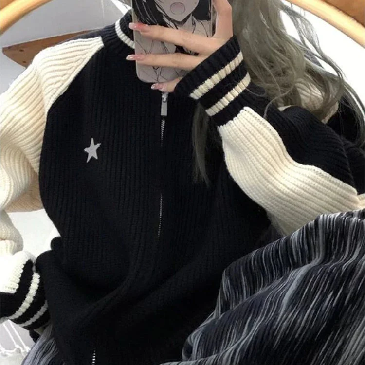 Tlbang Aesthetic Knitted Cardigan Women Vintage Zip Up Jacket Star Sweaters Striped Harajuku Loose Sweater Coat Grunge Streetwear