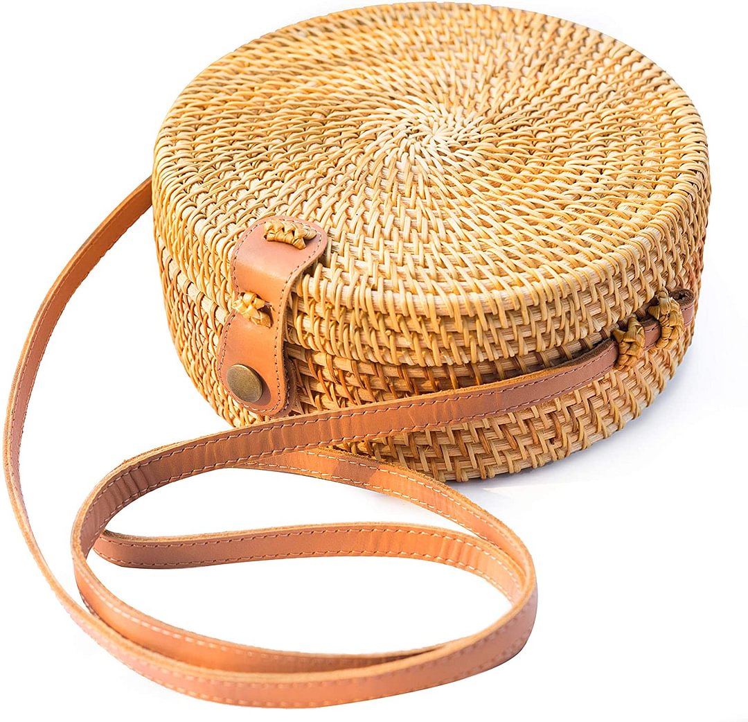 Round Rattan Bag Shoulder Leather Straps Natural Chic Hand