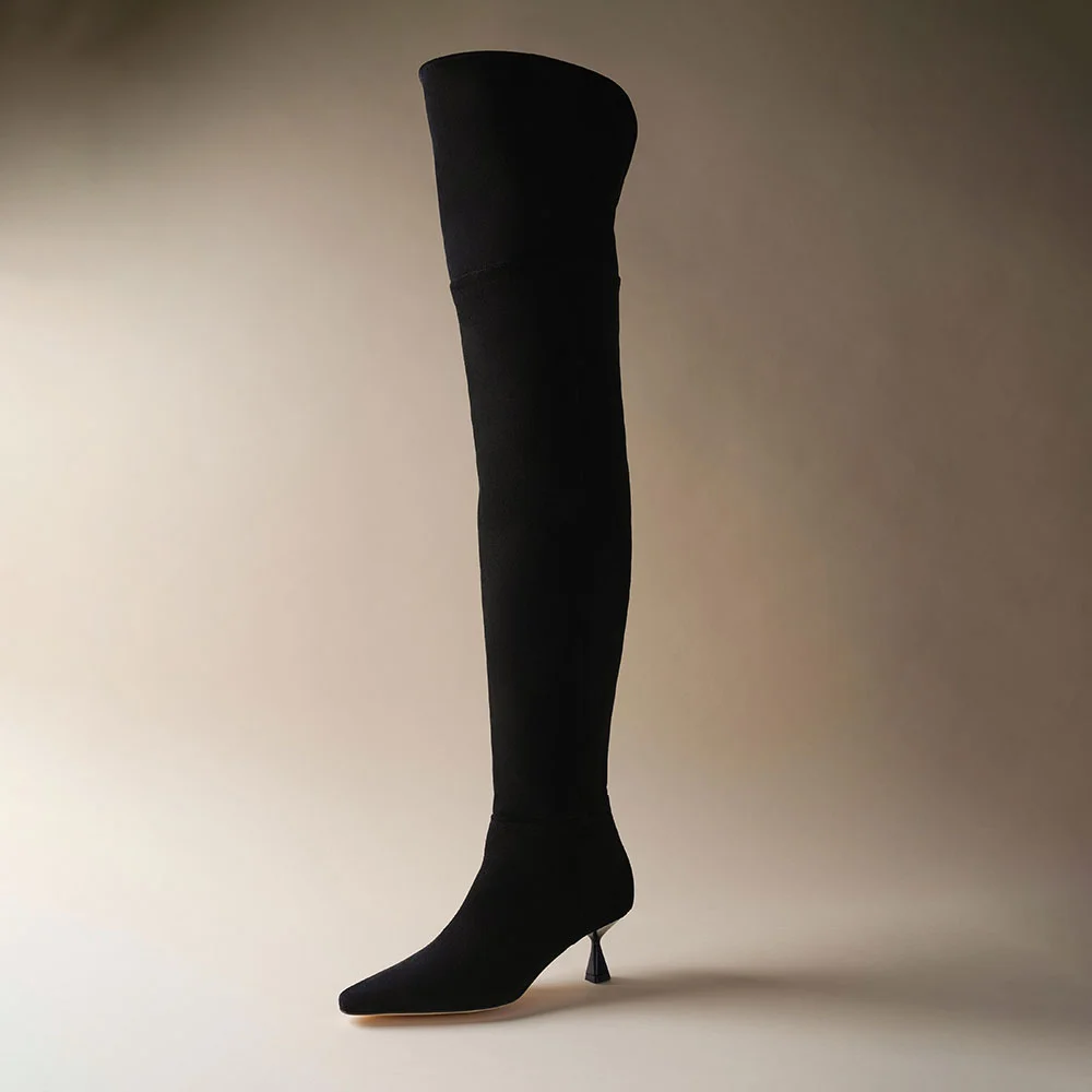 Vegan Suede Kitten Heel Pointed Toe Thigh High Boots in Black