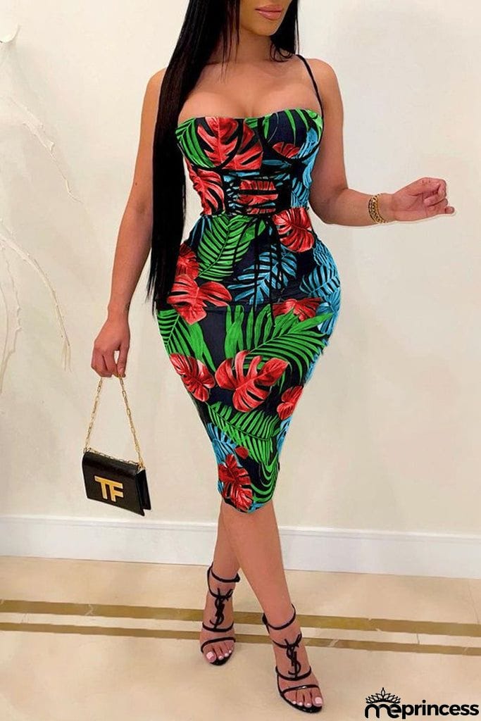 Bandage Leaf Print Sleeveless Midi Dress