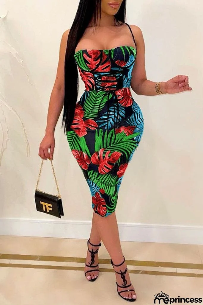 Bandage Leaf Print Sleeveless Midi Dress