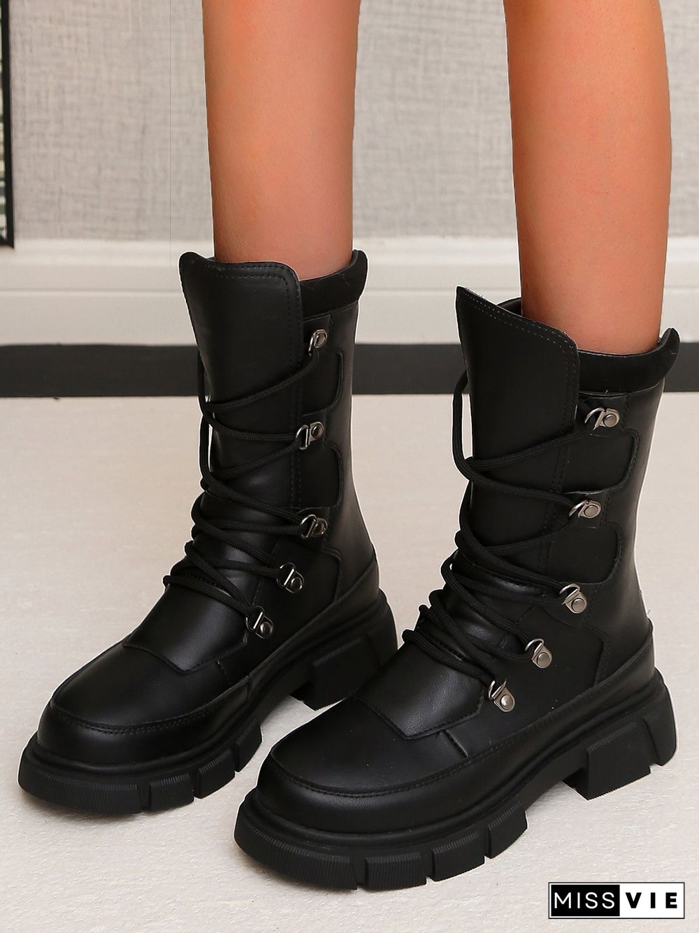 Vintage Contrast Lace-Up Tall Chunky Heel Outdoor Boots