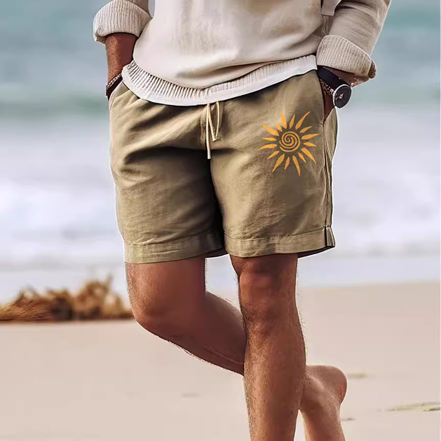 Men's Striped Drawstring Elastic Waist Cotton and Linen Beach Casual Shorts