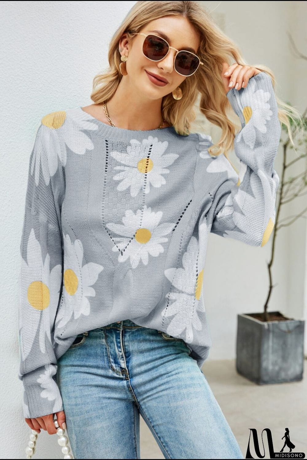 MidiSono - Daisy Print Openwork Round Neck Sweater
