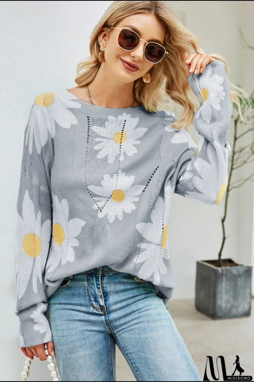 MidiSono - Daisy Print Openwork Round Neck Sweater