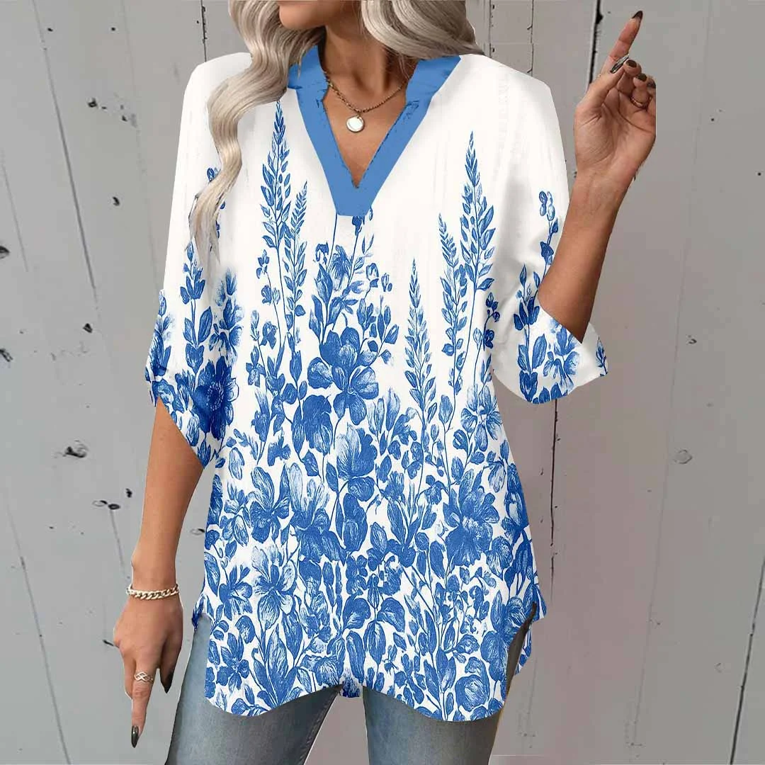 Women Floral, Blue DZGA0500 3/4 Sleeve V-neck Printed Graphic Button Tops