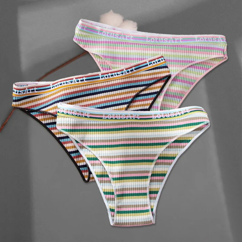 FINETOO 3Pcs/set Colorful Stripes Panties Women's Cotton Briefs M-XL Low-Rise Rainbow Underwear Ladies Underpants Girls Panties