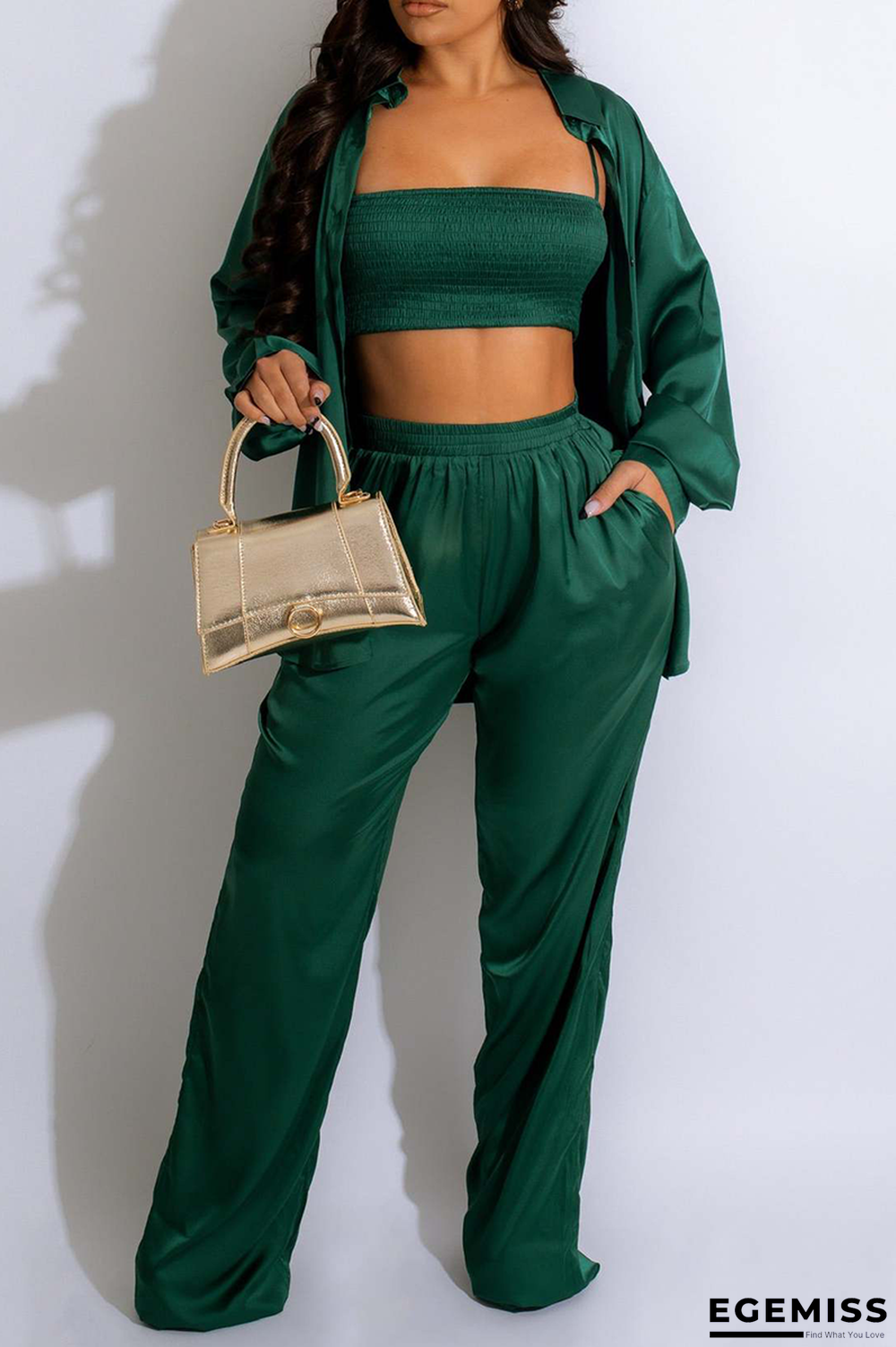 Ink Green Casual Solid Patchwork Turndown Collar Long Sleeve Three Pieces | EGEMISS