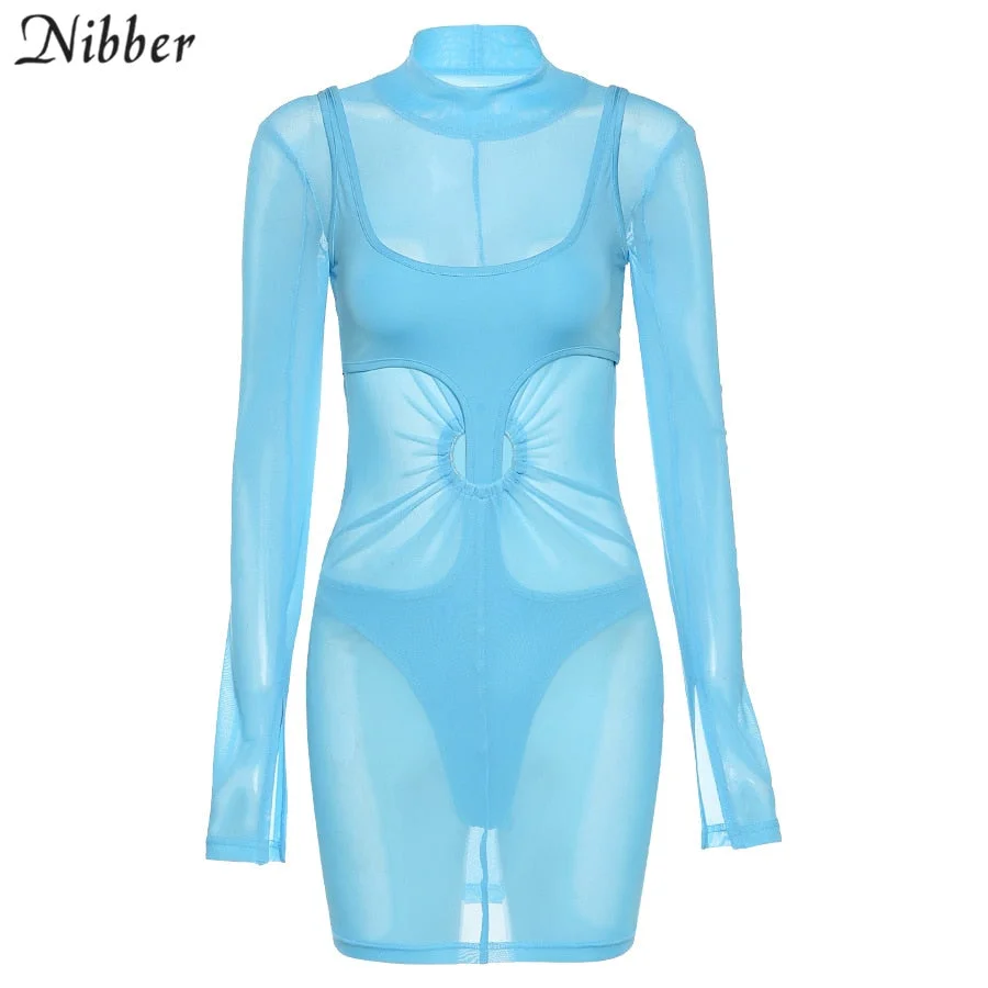Nibber Mesh Plaid Bodycon Mini Dress Women 2021 Spring Long sleeve O-Neck See Through Casual Streetwear Skinny Dresses Female