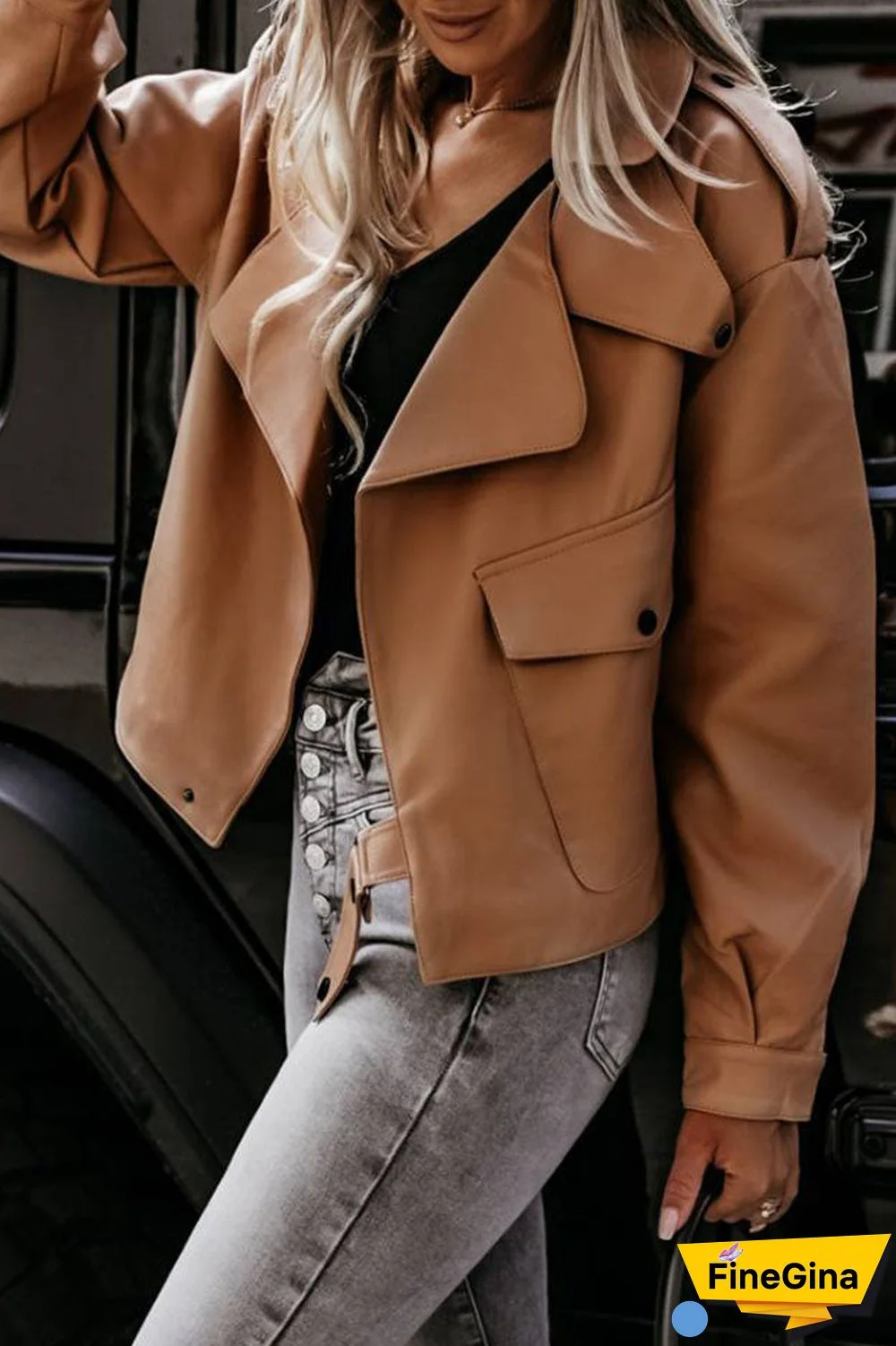 Fashion Street Solid Split Joint Turndown Collar Outerwear