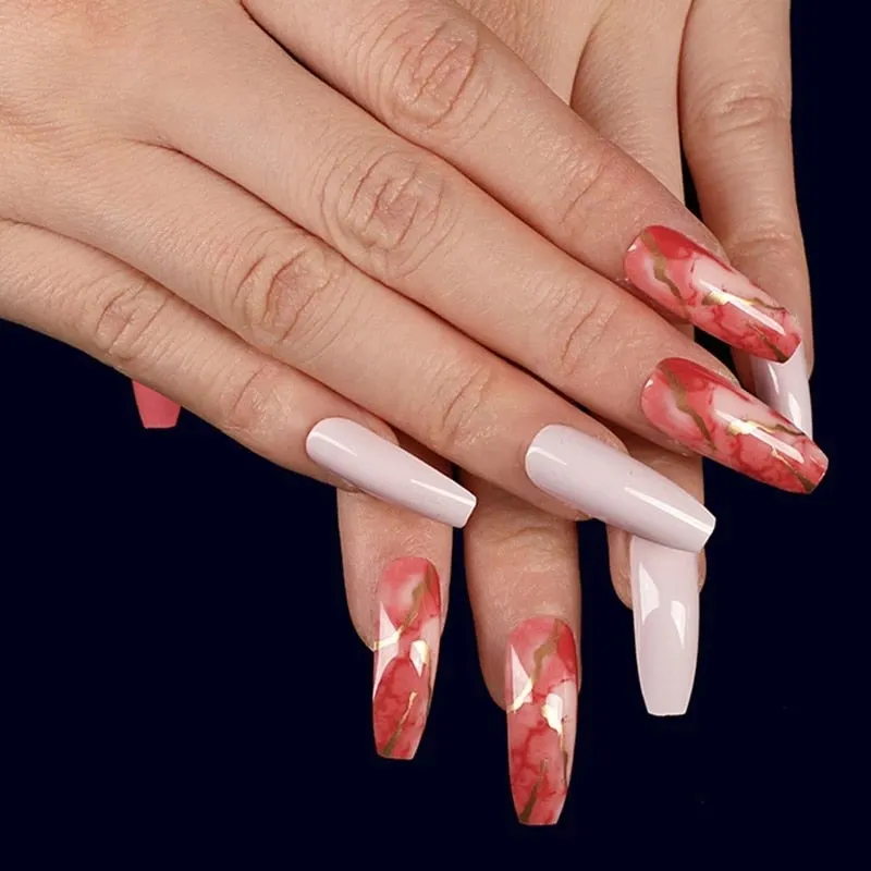 24pcs Rose Pattern Red Wine False Nail Fake Nails Coffin Glossy Press On Nails False Girls Ballerina full cover Fingernails Tips-Nail Inspo