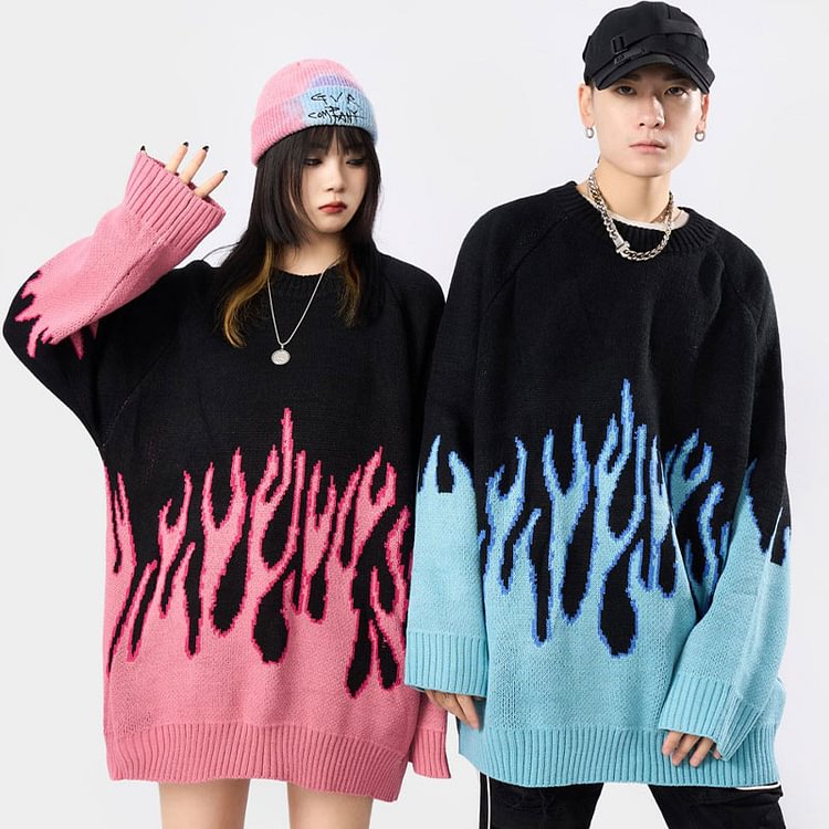 Girlfriend Boyfriend Flame Print Sweater - Modakawa Modakawa