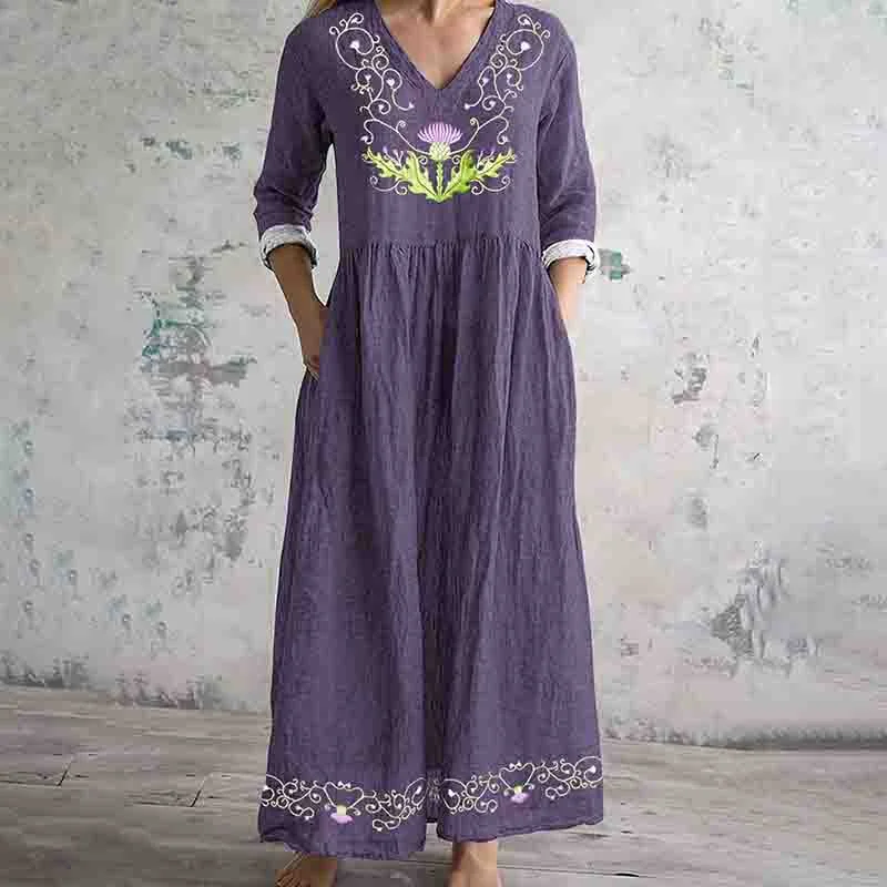 Scottish Thistle Embroidered Linen Blend Midi Dress