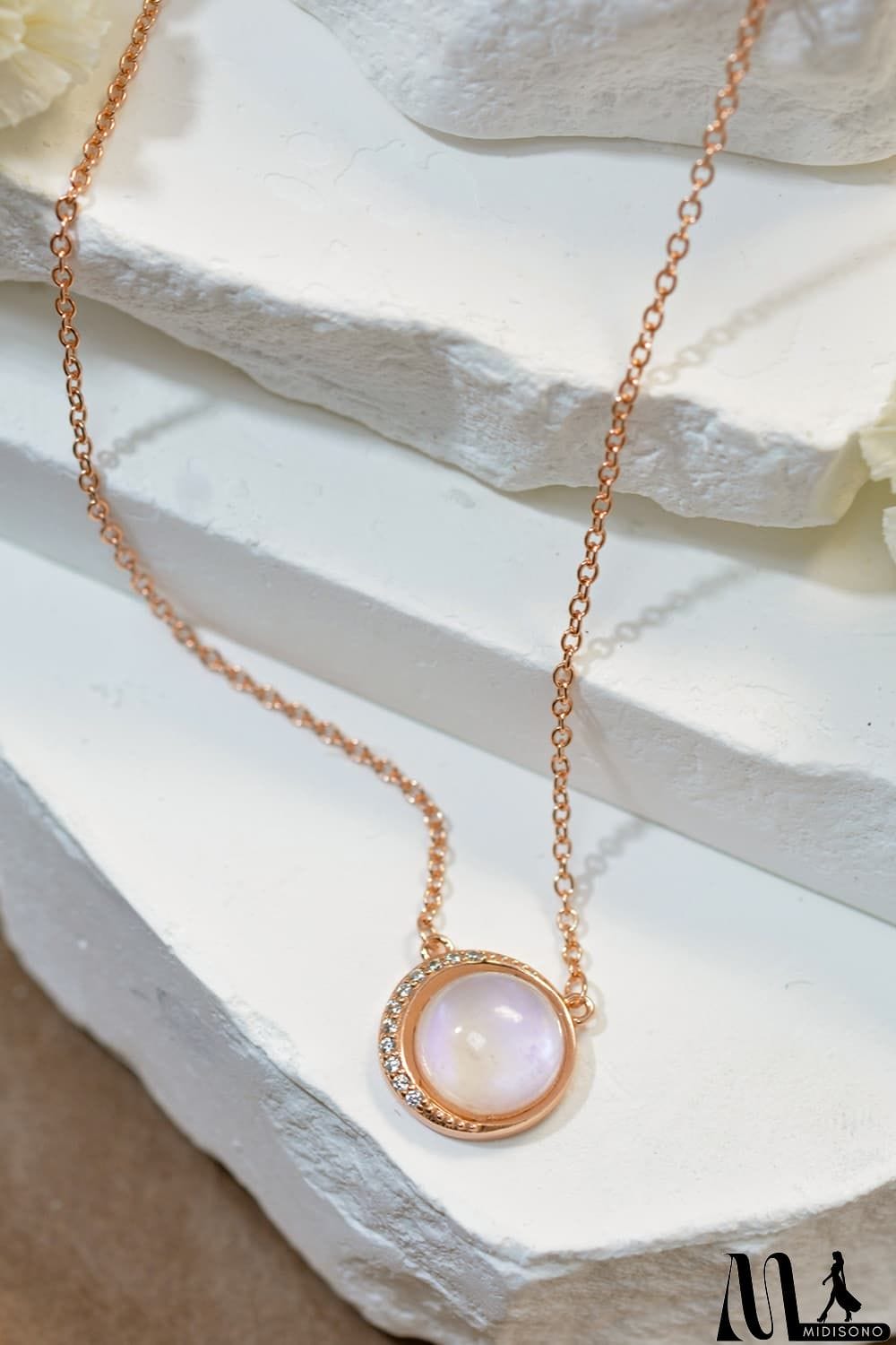 MidiSono - High Quality Natural Moonstone 18K Rose Gold-Plated 925 Sterling Silver Necklace