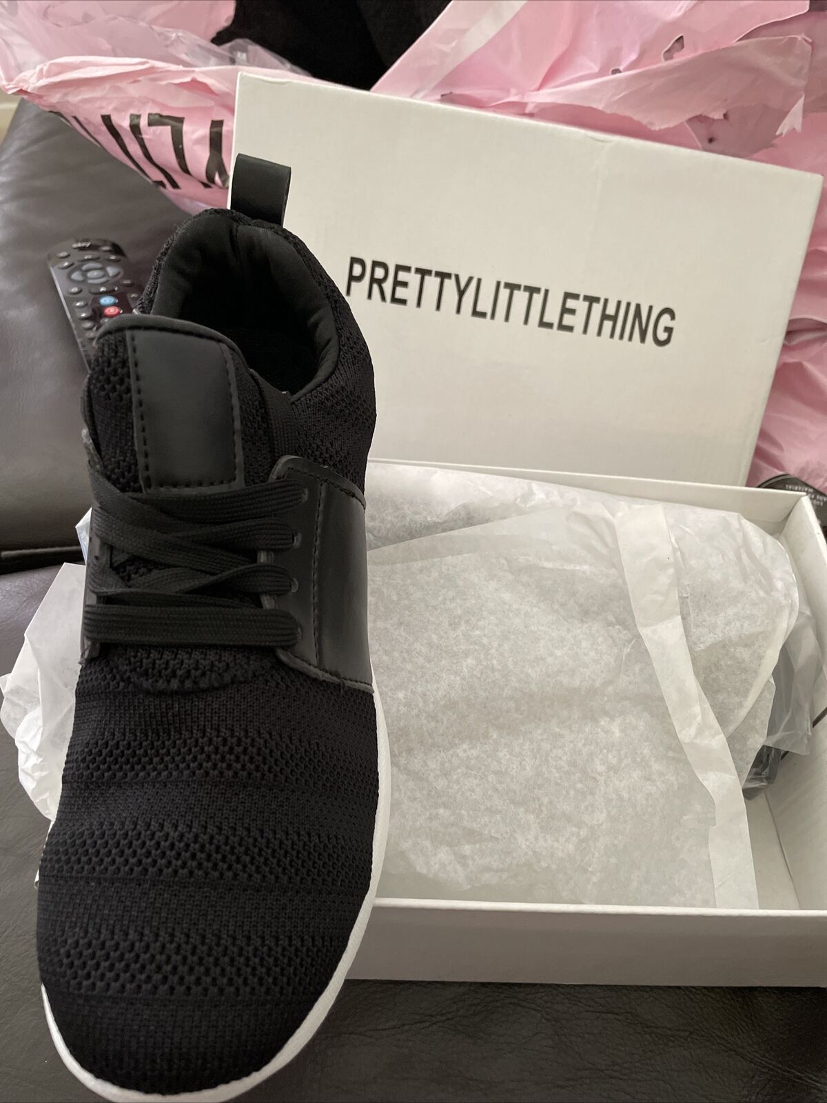 Brand New prettyLittleThing Black Knitted Trainers Size 6