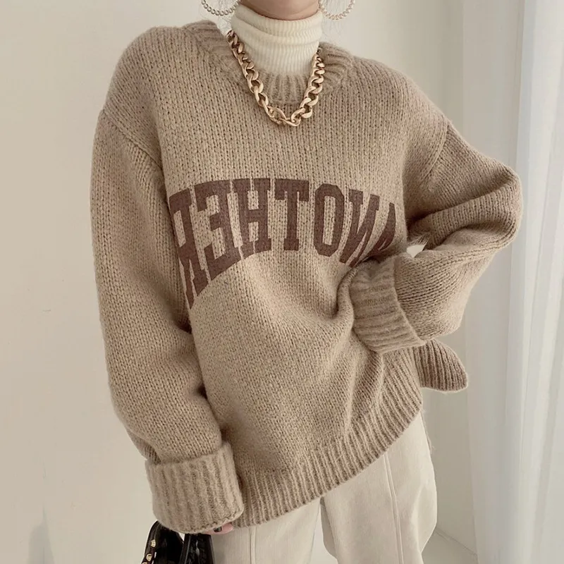 Nigikala Nigikala Dongdaemen Net Red Retro Letter Sweater Women Autumn And Winter Loose Lazy Wind Dopamine Round Knitted Shirt