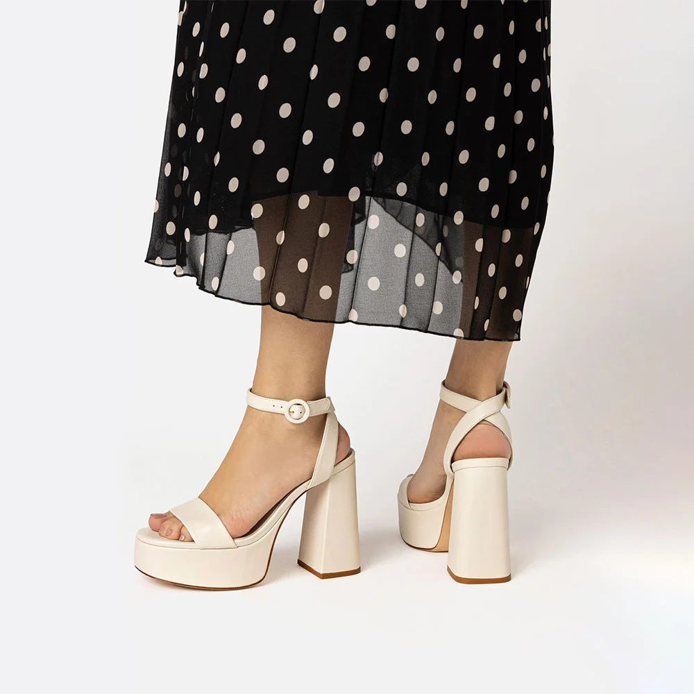 Ivory Vegan Leather Round Toe Ankle Strap Platform Heeled Sandals