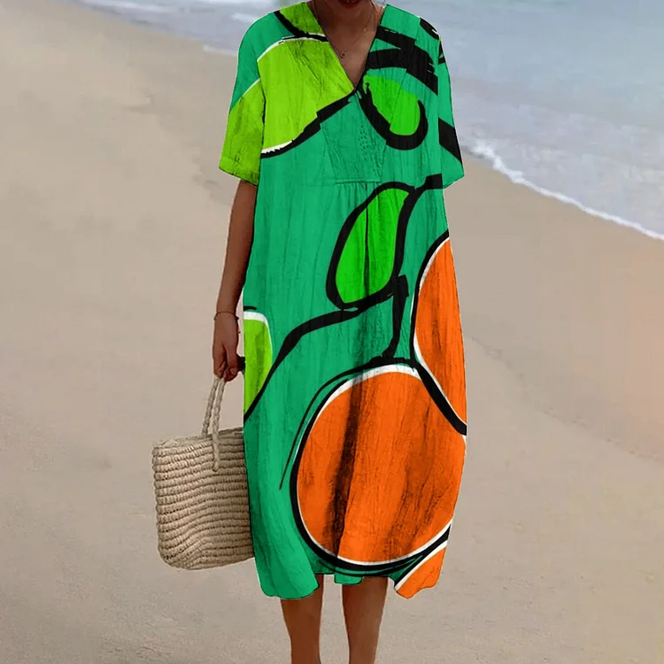 Women's Vintage Orange Tree Art Print Linen Dress