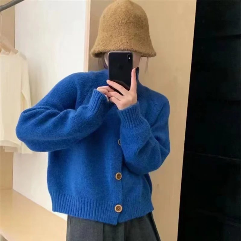 Churchf Churchf Autumn And Winter New Korean Retro Standing Collar Single Row Button Sweater Women's Small Short Knit Cardigan