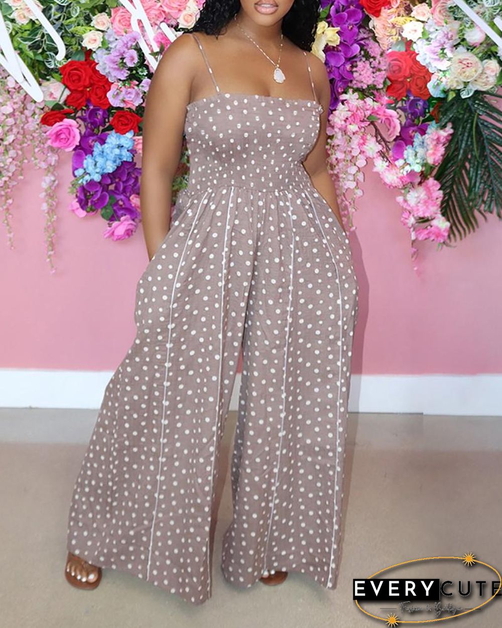 Polkadot Print Pocket Design Wide Leg Jumpsuit