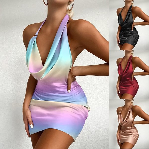 Women's Fashion Rainbow Polka Dot Print Satin Sleeveless Backless Halter Mini Dress Elegant Ladies Skinny Package Hip Dress Slim Fit Party Dress Cowl Neck Bodycon Dress - BlackFridayBuys