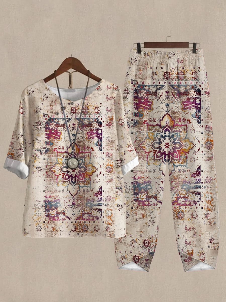 Women's Printed Half Sleeve Top And Casual Pants Linen Two Pieces