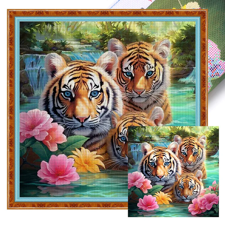 Tiger In The Flowers (50*50cm) 11CT Stamped Cross Stitch gbfke