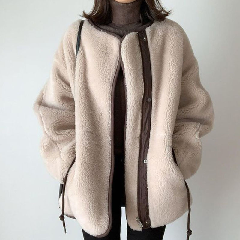 Imitation lamb wool fashion loose long-sleeved thin plush coat