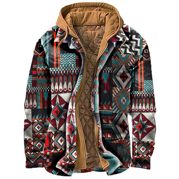 Men's Vintage Ethnic Print Thermal Hooded Casual Jacket