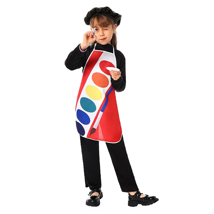 Kids Unisex Painter Artist Color Palette Aprons Hat Outfits Performance Halloween Carnival Costume 