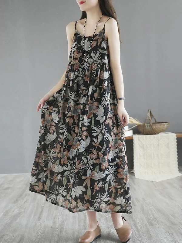 Printed Loose Halter Midi Dress - yankia