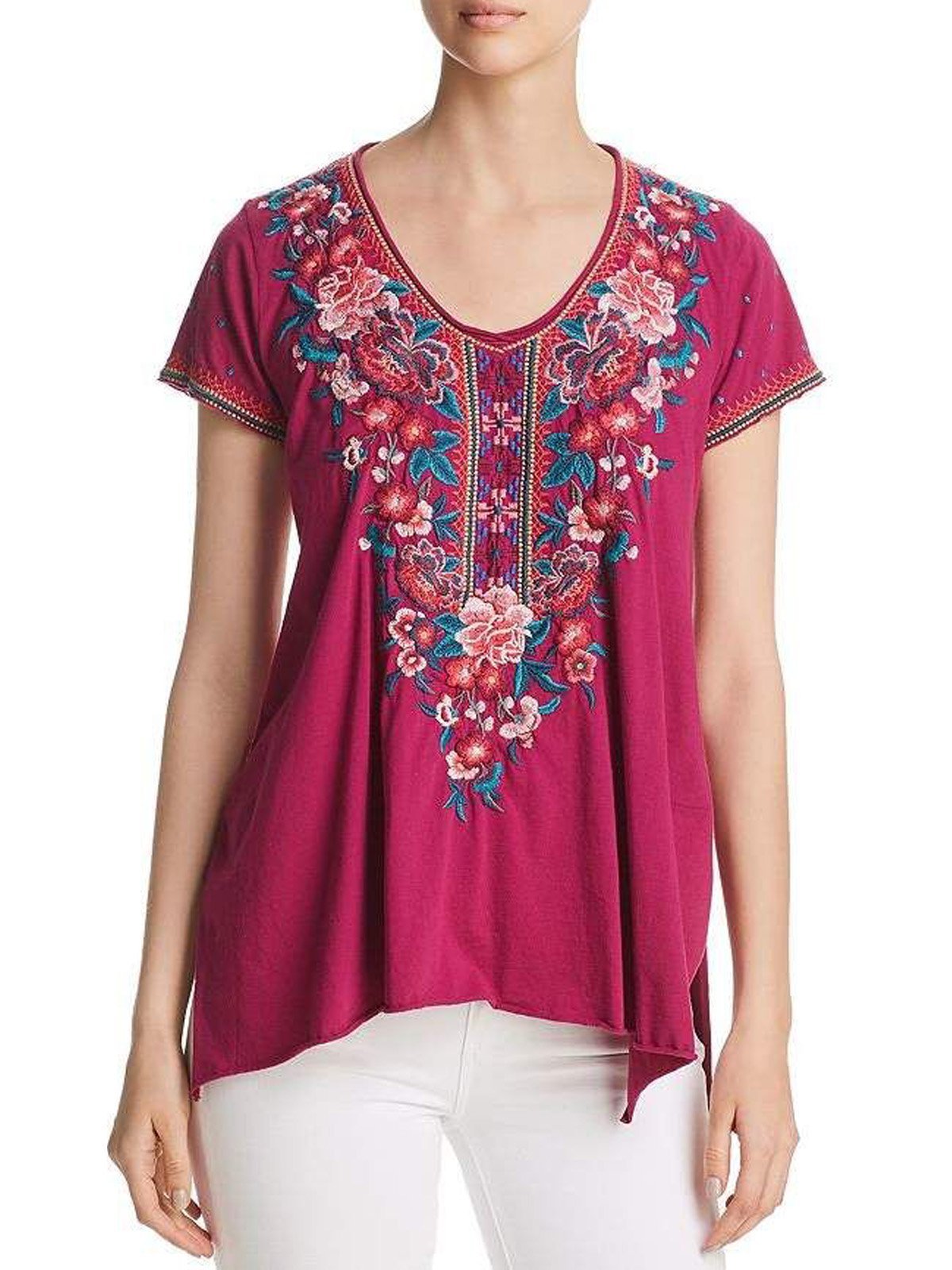 Casual V Neck Floral Short Sleeve Shirts & Tops