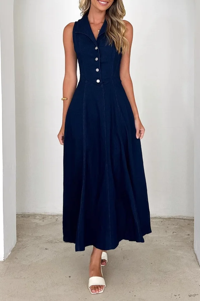 Women's Retro Blue V-neck Waist Denim Dress Summer Skinny Sexy Dress
