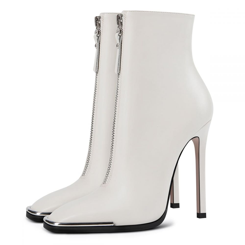 White Square Toe Double Zipper Stiletto Heel Booties for Women Nicepairs