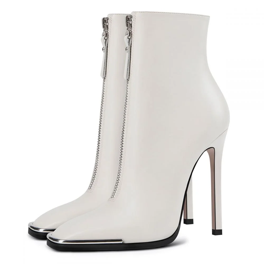 White Leather Square Toe Stiletto Heel Boots With Zipper Design Nicepairs