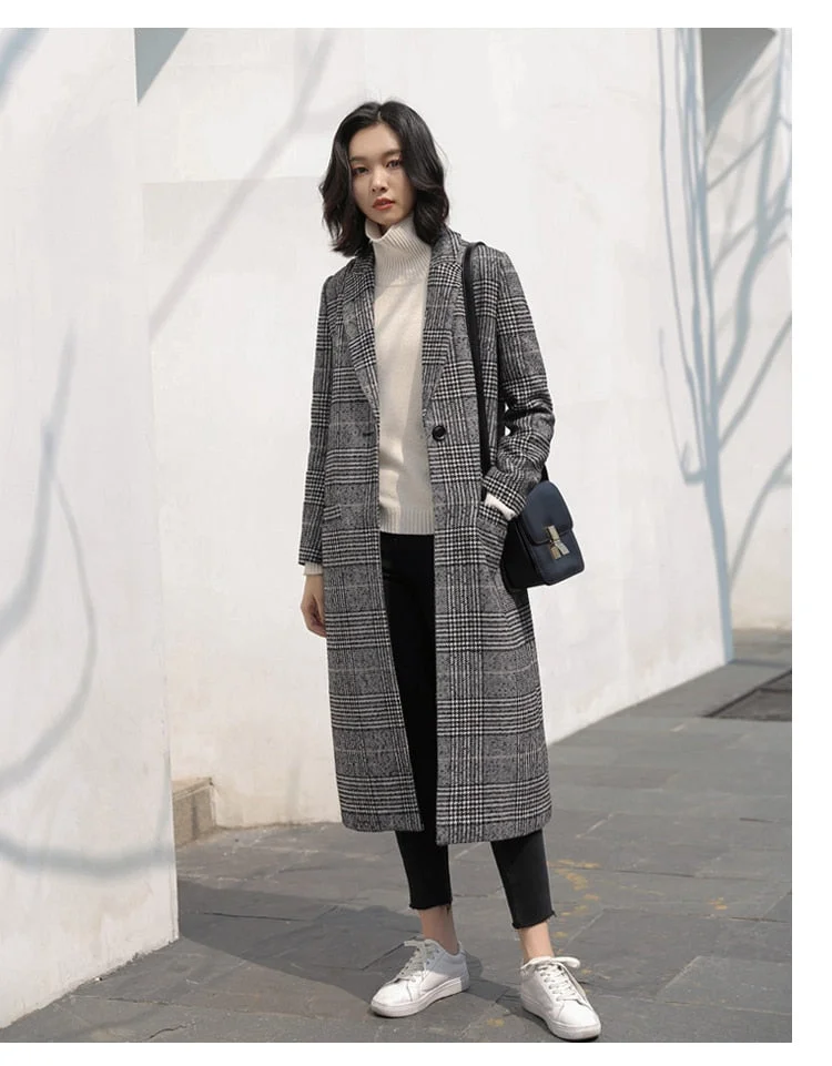 Spring Autumn Women Wool Plaid Coat New Fashion Long Woolen Coat Female Winter Wool Jackets Female Outwear