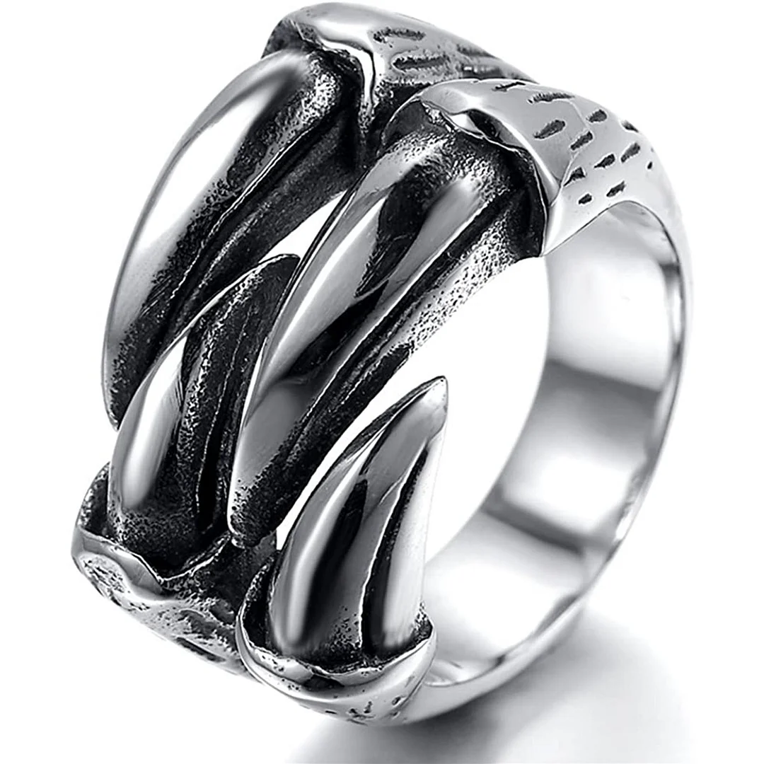 JAJAFOOK Mens Stainless Steel Ring, Gothic Wolf Dragon Claw, Silver