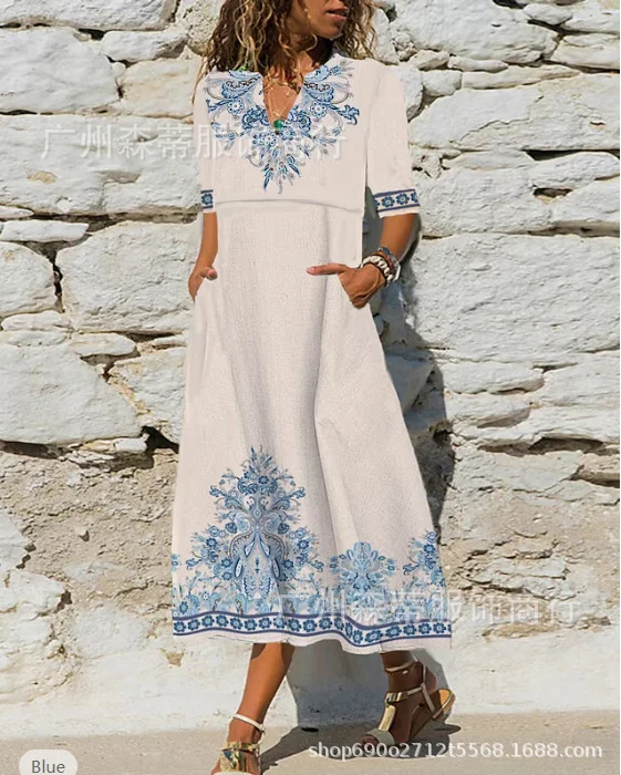 Elegant Printed V-neck Half-Length Sleeve Dress VangoghDress